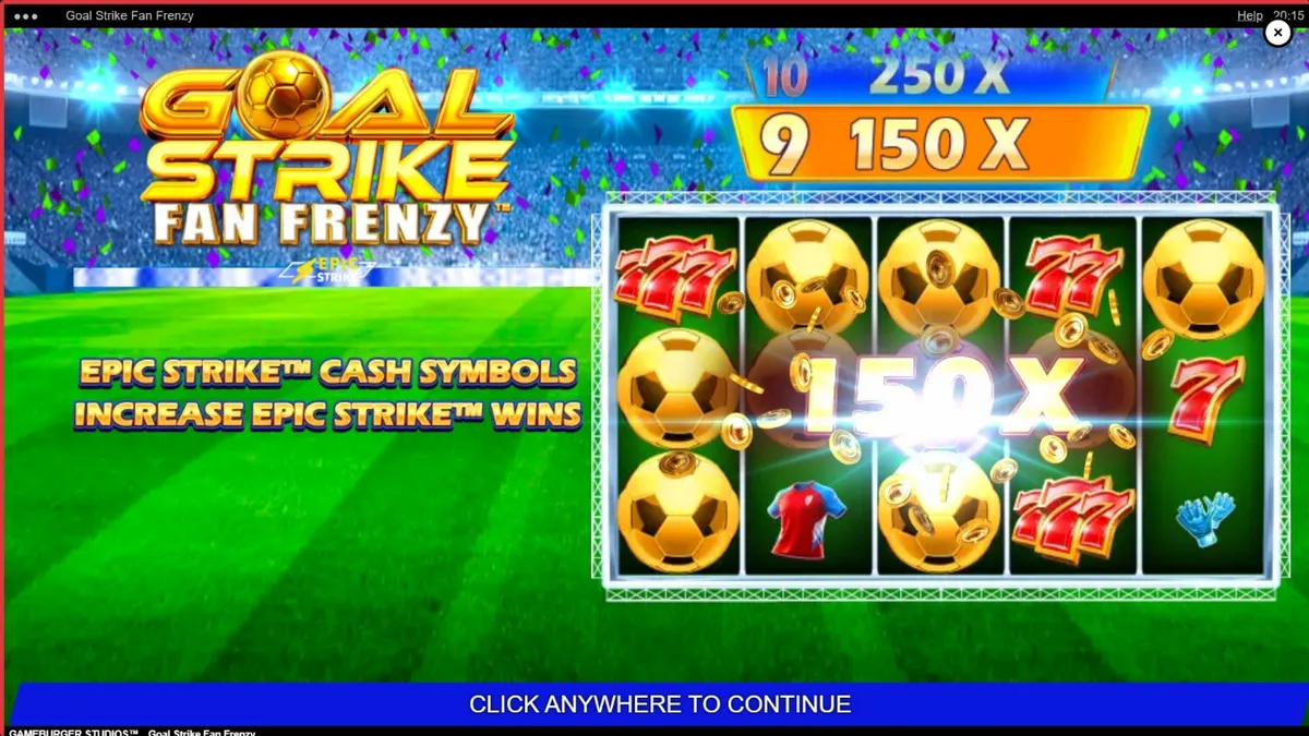 Goal Strike Fan Frenzy slot game screen na may football theme at stadium background