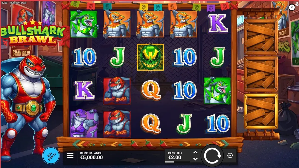 Bullshark Brawl slot game interface na may mga shark luchador